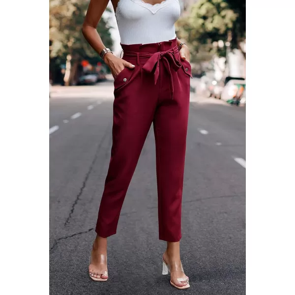 imagePRETTYGARDEN Womens Casual Long Pants High Waist Belted Paper Bag Work Pant Trousers with PocketsWine Red