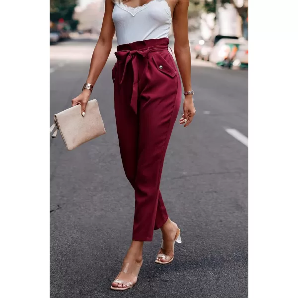 imagePRETTYGARDEN Womens Casual Long Pants High Waist Belted Paper Bag Work Pant Trousers with PocketsWine Red