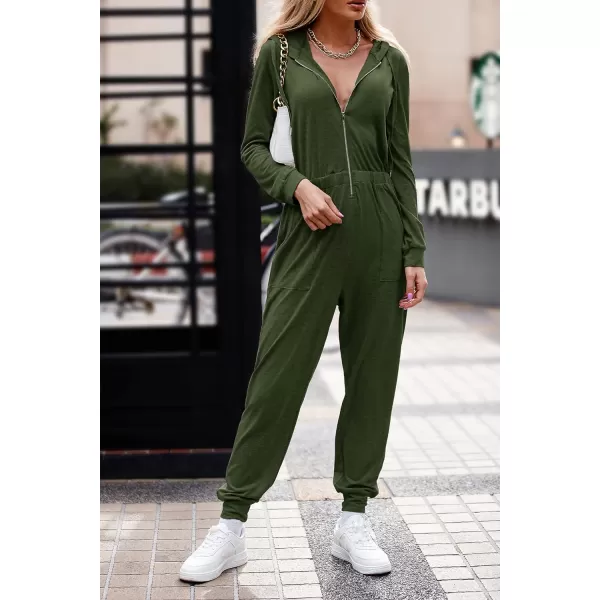 imagePRETTYGARDEN Womens Casual Long Sleeve Hooded Jumpsuits Zip Up One Piece Outfit Romper with PocketsArmy Green