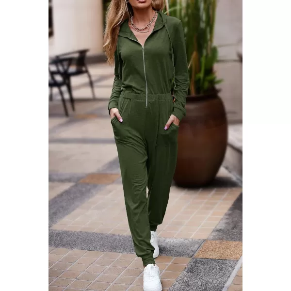 imagePRETTYGARDEN Womens Casual Long Sleeve Hooded Jumpsuits Zip Up One Piece Outfit Romper with PocketsArmy Green