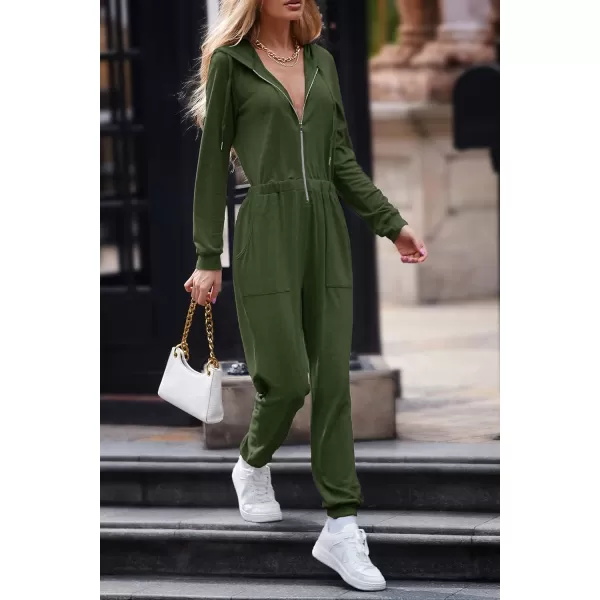 imagePRETTYGARDEN Womens Casual Long Sleeve Hooded Jumpsuits Zip Up One Piece Outfit Romper with PocketsArmy Green