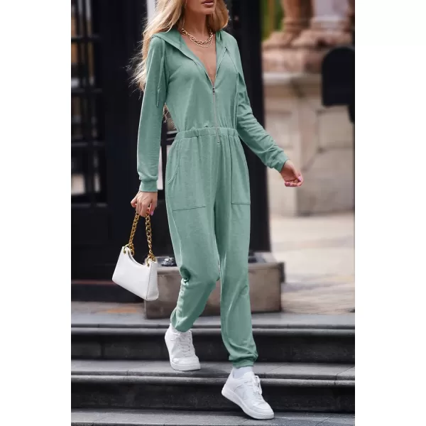 imagePRETTYGARDEN Womens Casual Long Sleeve Hooded Jumpsuits Zip Up One Piece Outfit Romper with PocketsBean Green