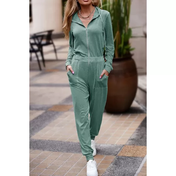 imagePRETTYGARDEN Womens Casual Long Sleeve Hooded Jumpsuits Zip Up One Piece Outfit Romper with PocketsBean Green