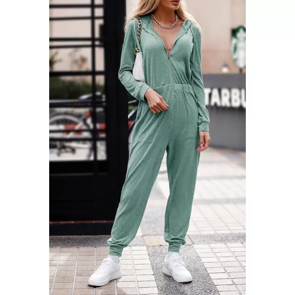 imagePRETTYGARDEN Womens Casual Long Sleeve Hooded Jumpsuits Zip Up One Piece Outfit Romper with PocketsBean Green