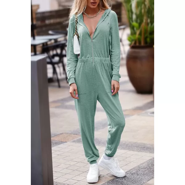 imagePRETTYGARDEN Womens Casual Long Sleeve Hooded Jumpsuits Zip Up One Piece Outfit Romper with PocketsBean Green