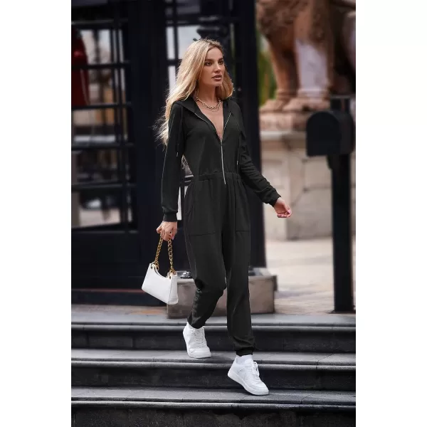 imagePRETTYGARDEN Womens Casual Long Sleeve Hooded Jumpsuits Zip Up One Piece Outfit Romper with PocketsBlack
