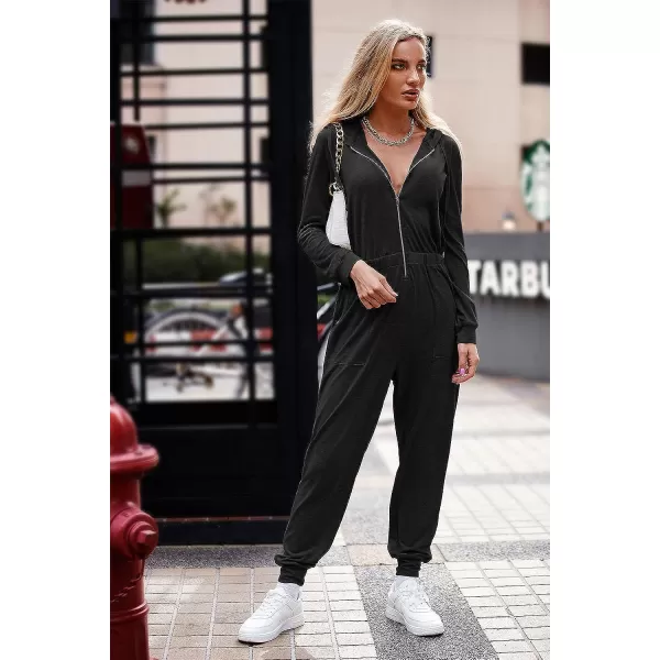 imagePRETTYGARDEN Womens Casual Long Sleeve Hooded Jumpsuits Zip Up One Piece Outfit Romper with PocketsBlack
