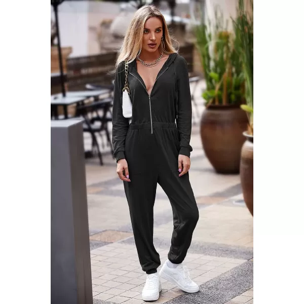imagePRETTYGARDEN Womens Casual Long Sleeve Hooded Jumpsuits Zip Up One Piece Outfit Romper with PocketsBlack