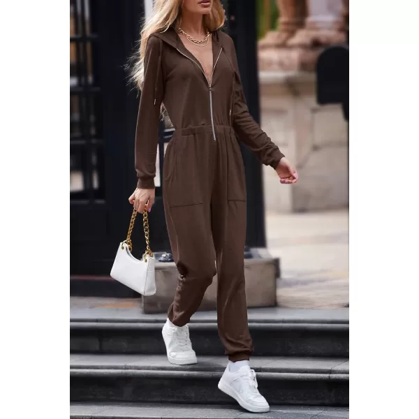 imagePRETTYGARDEN Womens Casual Long Sleeve Hooded Jumpsuits Zip Up One Piece Outfit Romper with PocketsCoffee