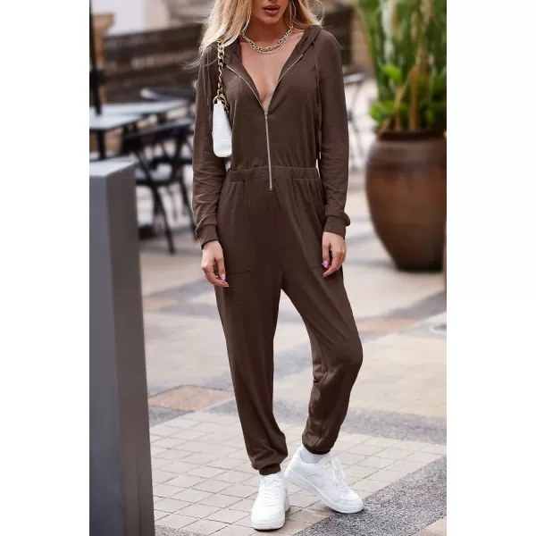 imagePRETTYGARDEN Womens Casual Long Sleeve Hooded Jumpsuits Zip Up One Piece Outfit Romper with PocketsCoffee