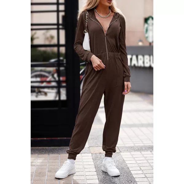 imagePRETTYGARDEN Womens Casual Long Sleeve Hooded Jumpsuits Zip Up One Piece Outfit Romper with PocketsCoffee