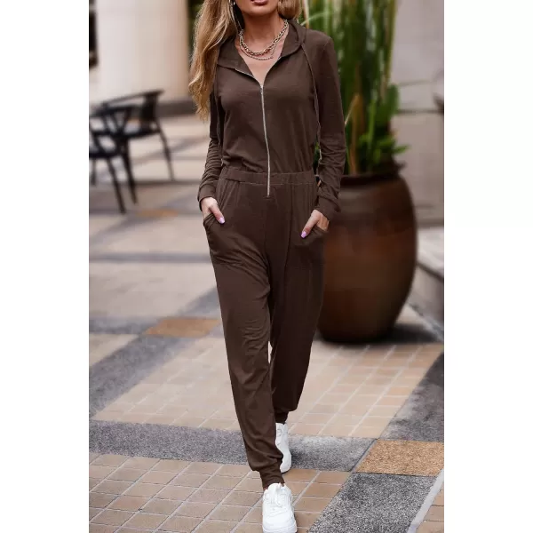 imagePRETTYGARDEN Womens Casual Long Sleeve Hooded Jumpsuits Zip Up One Piece Outfit Romper with PocketsCoffee
