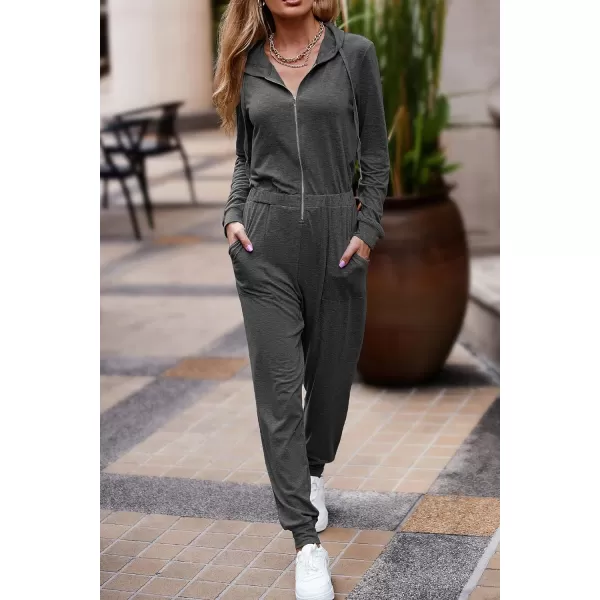 imagePRETTYGARDEN Womens Casual Long Sleeve Hooded Jumpsuits Zip Up One Piece Outfit Romper with PocketsDark Grey