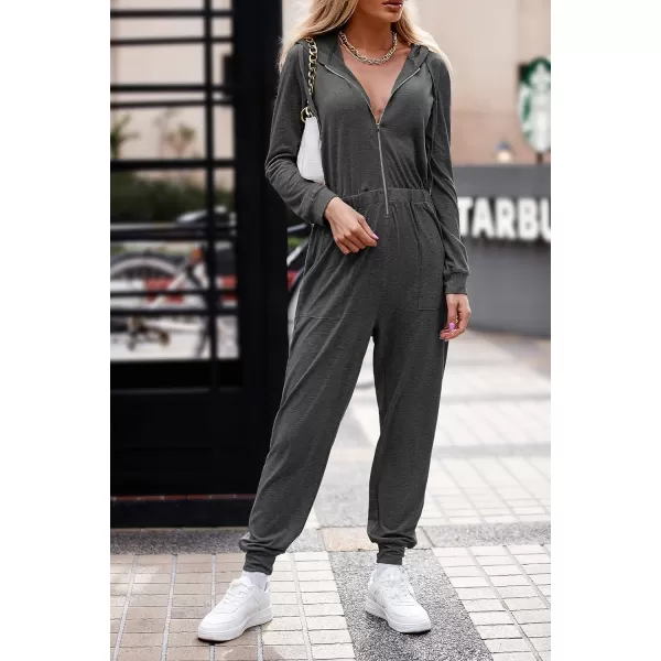 imagePRETTYGARDEN Womens Casual Long Sleeve Hooded Jumpsuits Zip Up One Piece Outfit Romper with PocketsDark Grey