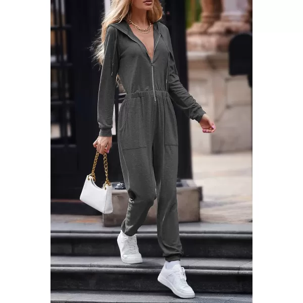 imagePRETTYGARDEN Womens Casual Long Sleeve Hooded Jumpsuits Zip Up One Piece Outfit Romper with PocketsDark Grey