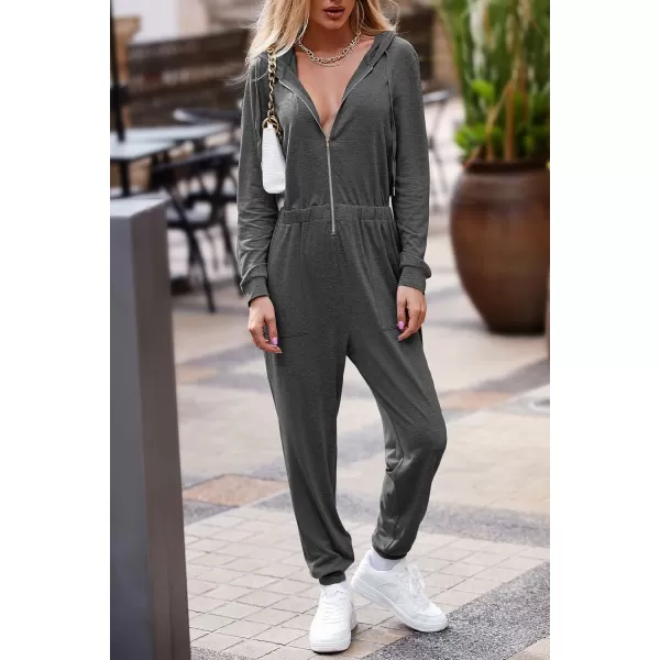imagePRETTYGARDEN Womens Casual Long Sleeve Hooded Jumpsuits Zip Up One Piece Outfit Romper with PocketsDark Grey
