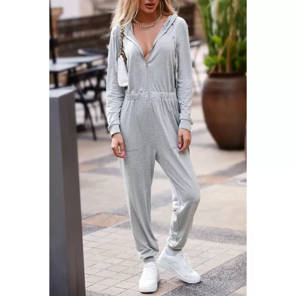 imagePRETTYGARDEN Womens Casual Long Sleeve Hooded Jumpsuits Zip Up One Piece Outfit Romper with PocketsLight Grey