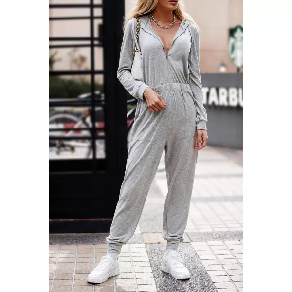 imagePRETTYGARDEN Womens Casual Long Sleeve Hooded Jumpsuits Zip Up One Piece Outfit Romper with PocketsLight Grey