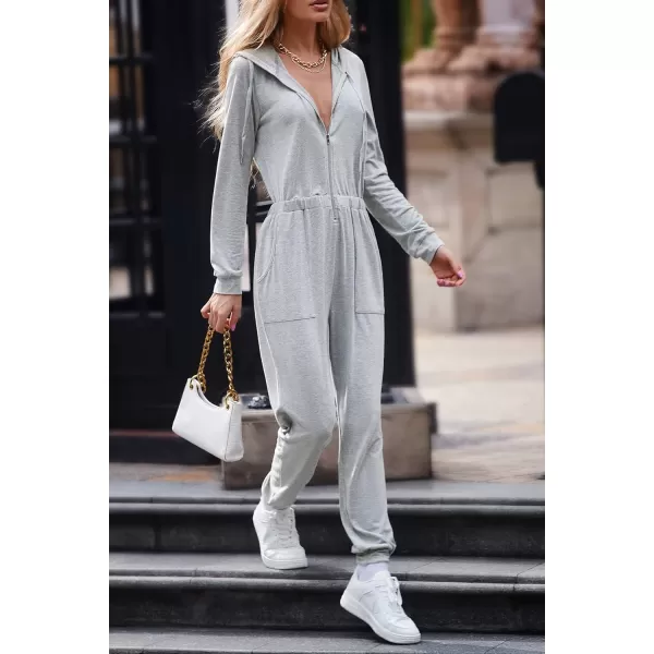 imagePRETTYGARDEN Womens Casual Long Sleeve Hooded Jumpsuits Zip Up One Piece Outfit Romper with PocketsLight Grey