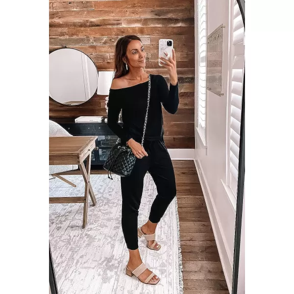 imagePRETTYGARDEN Womens Casual Long Sleeve Jumpsuit Crewneck Off Shoulder Elastic Waist Stretchy RomperAblack