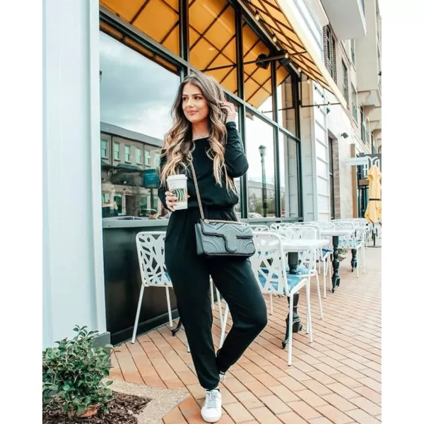 imagePRETTYGARDEN Womens Casual Long Sleeve Jumpsuit Crewneck Off Shoulder Elastic Waist Stretchy RomperAblack