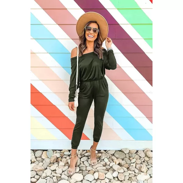 imagePRETTYGARDEN Womens Casual Long Sleeve Jumpsuit Crewneck Off Shoulder Elastic Waist Stretchy RomperArmy Green