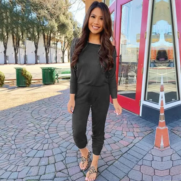 imagePRETTYGARDEN Womens Casual Long Sleeve Jumpsuit Crewneck Off Shoulder Elastic Waist Stretchy RomperBlack Grey