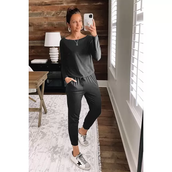 imagePRETTYGARDEN Womens Casual Long Sleeve Jumpsuit Crewneck Off Shoulder Elastic Waist Stretchy RomperBlack Grey