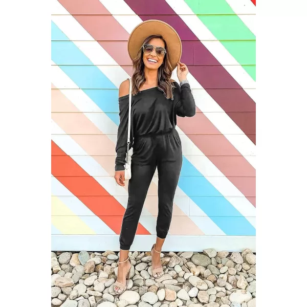 imagePRETTYGARDEN Womens Casual Long Sleeve Jumpsuit Crewneck Off Shoulder Elastic Waist Stretchy RomperBlack Grey