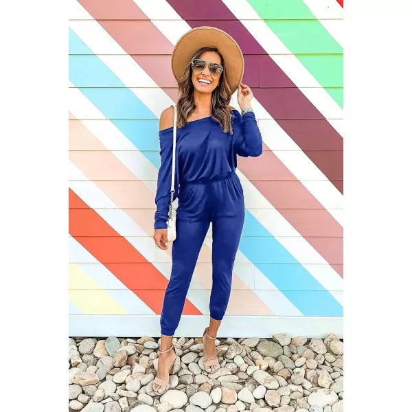 imagePRETTYGARDEN Womens Casual Long Sleeve Jumpsuit Crewneck Off Shoulder Elastic Waist Stretchy RomperBlue