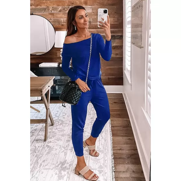 imagePRETTYGARDEN Womens Casual Long Sleeve Jumpsuit Crewneck Off Shoulder Elastic Waist Stretchy RomperBlue