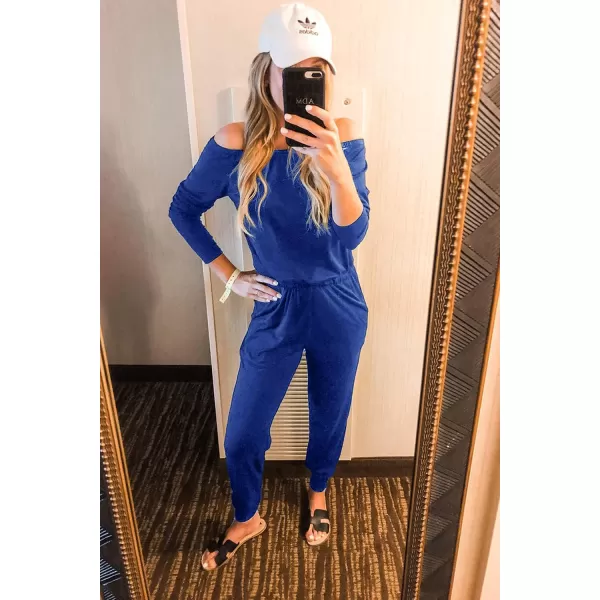 imagePRETTYGARDEN Womens Casual Long Sleeve Jumpsuit Crewneck Off Shoulder Elastic Waist Stretchy RomperBlue