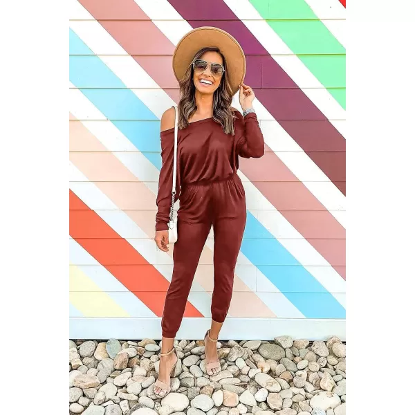 imagePRETTYGARDEN Womens Casual Long Sleeve Jumpsuit Crewneck Off Shoulder Elastic Waist Stretchy RomperBrick Red
