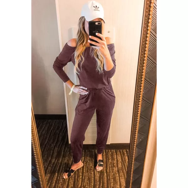 imagePRETTYGARDEN Womens Casual Long Sleeve Jumpsuit Crewneck Off Shoulder Elastic Waist Stretchy RomperBrown
