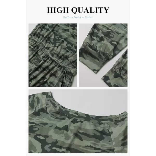imagePRETTYGARDEN Womens Casual Long Sleeve Jumpsuit Crewneck Off Shoulder Elastic Waist Stretchy RomperCamo