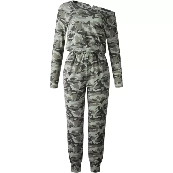 imagePRETTYGARDEN Womens Casual Long Sleeve Jumpsuit Crewneck Off Shoulder Elastic Waist Stretchy RomperCamo