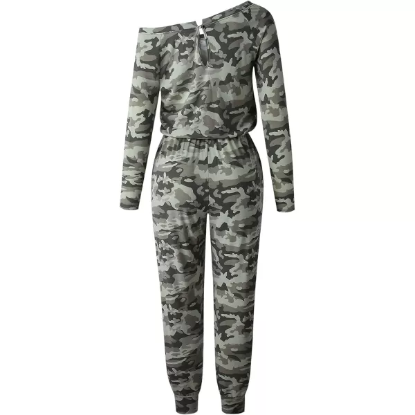imagePRETTYGARDEN Womens Casual Long Sleeve Jumpsuit Crewneck Off Shoulder Elastic Waist Stretchy RomperCamo