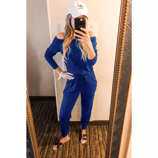 imagePRETTYGARDEN Womens Casual Long Sleeve Jumpsuit Crewneck Off Shoulder Elastic Waist Stretchy RomperDark Blue