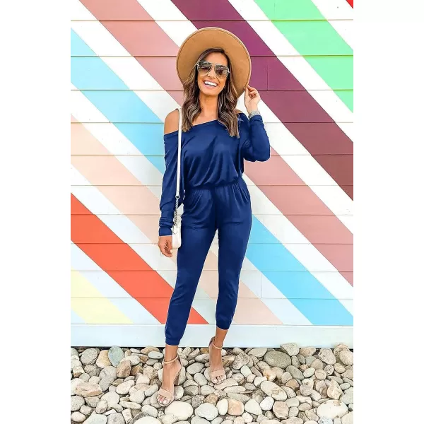 imagePRETTYGARDEN Womens Casual Long Sleeve Jumpsuit Crewneck Off Shoulder Elastic Waist Stretchy RomperDark Blue