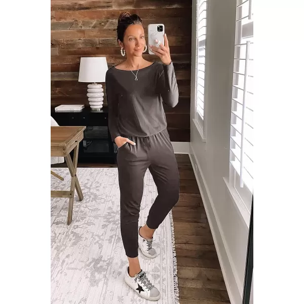 imagePRETTYGARDEN Womens Casual Long Sleeve Jumpsuit Crewneck Off Shoulder Elastic Waist Stretchy RomperDark Grey