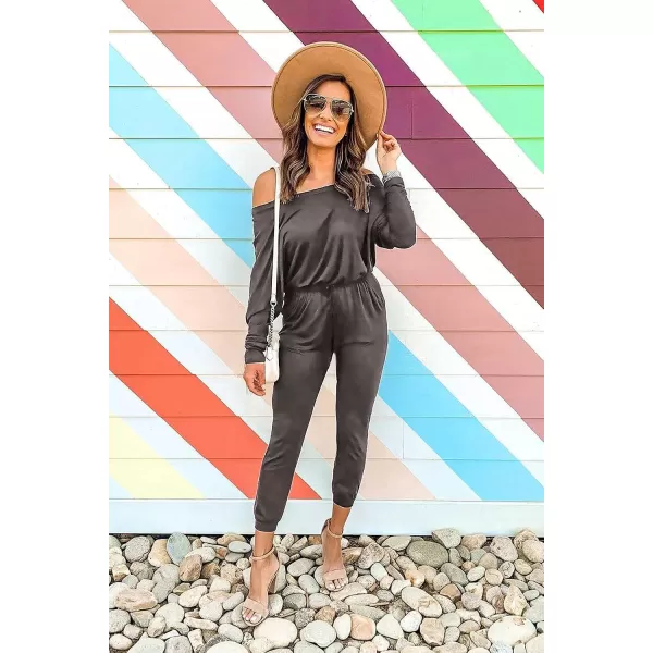 imagePRETTYGARDEN Womens Casual Long Sleeve Jumpsuit Crewneck Off Shoulder Elastic Waist Stretchy RomperDark Grey