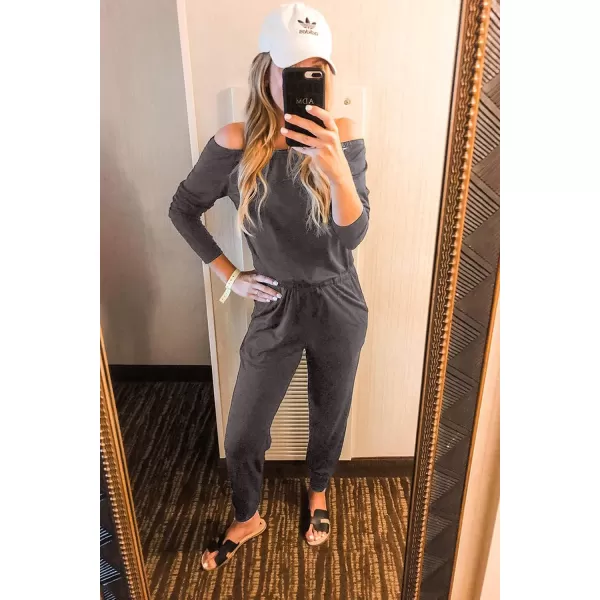 imagePRETTYGARDEN Womens Casual Long Sleeve Jumpsuit Crewneck Off Shoulder Elastic Waist Stretchy RomperDark Grey