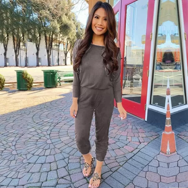 imagePRETTYGARDEN Womens Casual Long Sleeve Jumpsuit Crewneck Off Shoulder Elastic Waist Stretchy RomperDark Grey