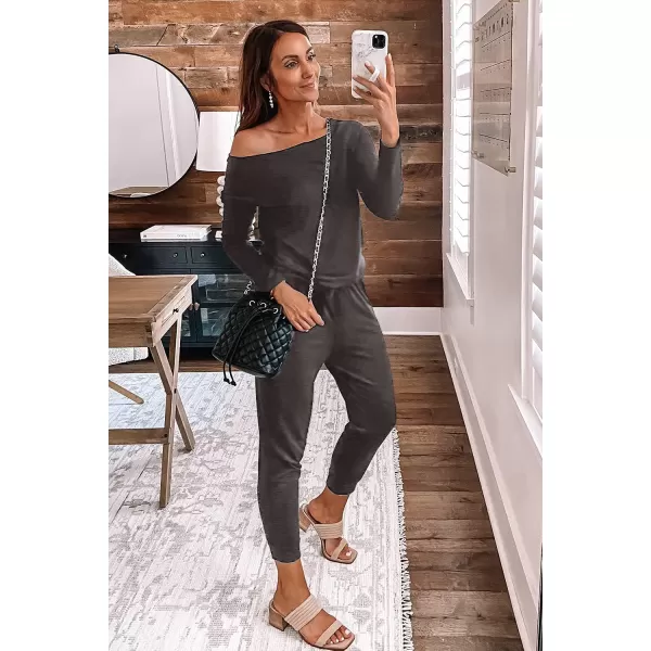 imagePRETTYGARDEN Womens Casual Long Sleeve Jumpsuit Crewneck Off Shoulder Elastic Waist Stretchy RomperDark Grey
