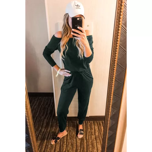 imagePRETTYGARDEN Womens Casual Long Sleeve Jumpsuit Crewneck Off Shoulder Elastic Waist Stretchy RomperDeep Green