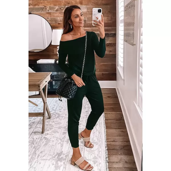 imagePRETTYGARDEN Womens Casual Long Sleeve Jumpsuit Crewneck Off Shoulder Elastic Waist Stretchy RomperDeep Green
