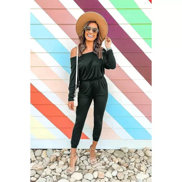 imagePRETTYGARDEN Womens Casual Long Sleeve Jumpsuit Crewneck Off Shoulder Elastic Waist Stretchy RomperDeep Green