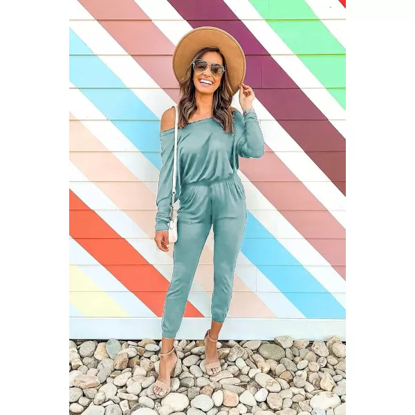 imagePRETTYGARDEN Womens Casual Long Sleeve Jumpsuit Crewneck Off Shoulder Elastic Waist Stretchy RomperLight Green
