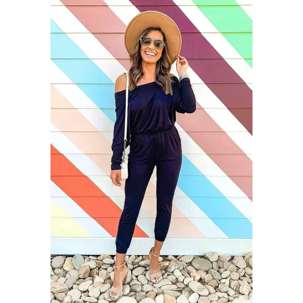imagePRETTYGARDEN Womens Casual Long Sleeve Jumpsuit Crewneck Off Shoulder Elastic Waist Stretchy RomperNavy