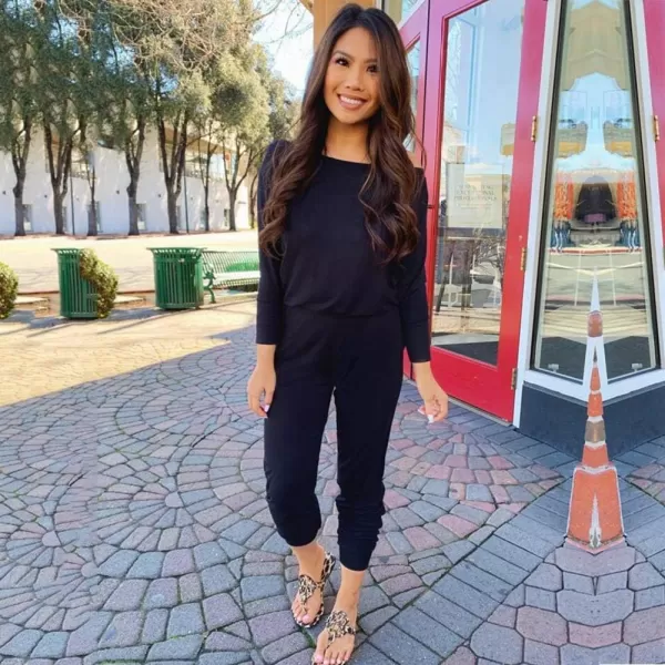 imagePRETTYGARDEN Womens Casual Long Sleeve Jumpsuit Crewneck Off Shoulder Elastic Waist Stretchy RomperNavy